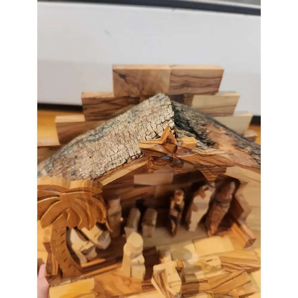 Vintage Wood Hand Carved Christmas Nativity Set Baby Jesus Bethlehem Star